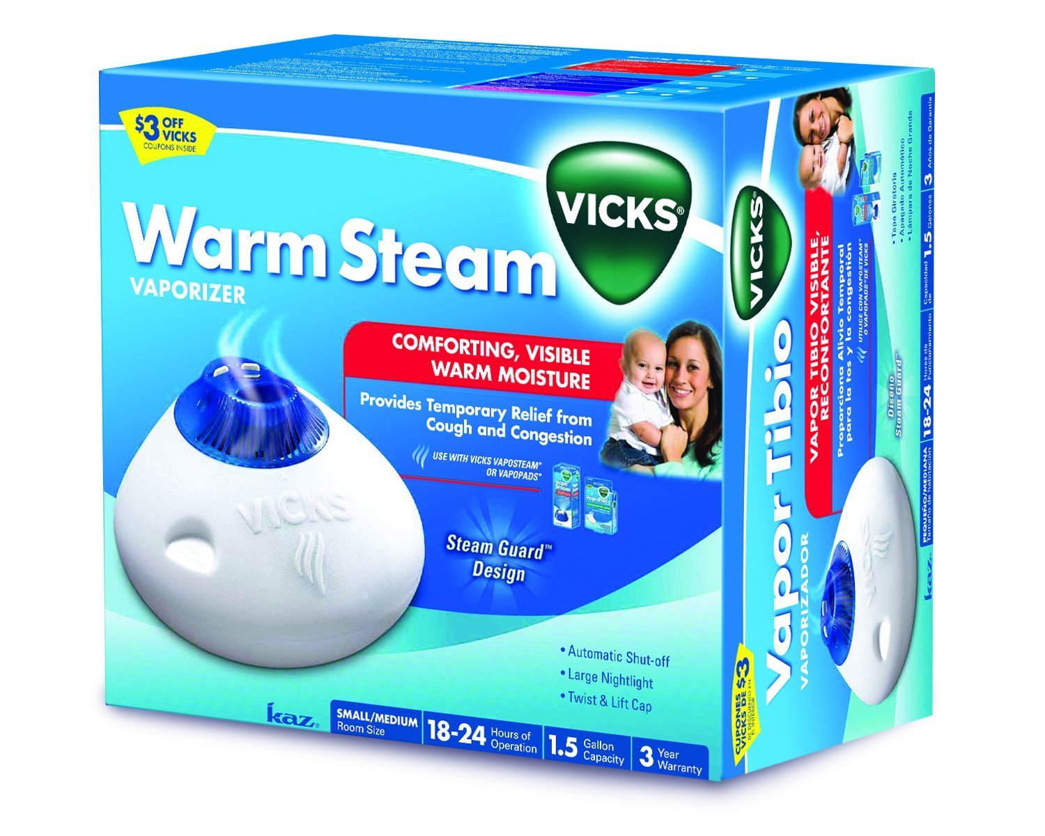 vicks 1.5加仑带夜灯感冒舒缓蒸汽机/加湿器